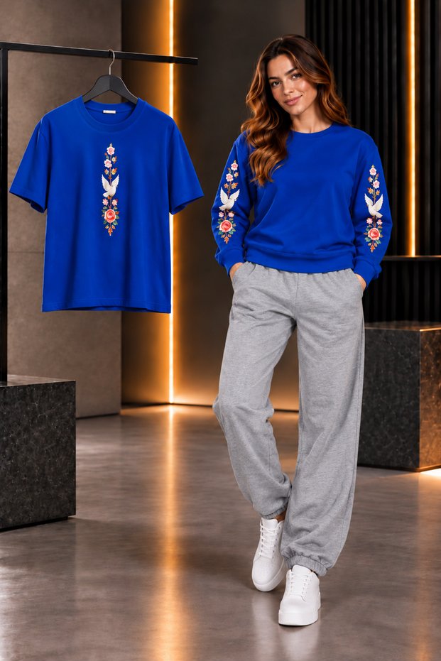 T-SHIRT, boat neck, 3-PIECE TRACKSUIT SET WITH BRUSHED INSIDE, SEASONAL SET WITH SWAN PRINT, WOMEN'S/GIRLS' STYLE