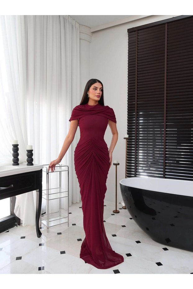 Waist-Fitted Maxi Tulle Dress with Cape