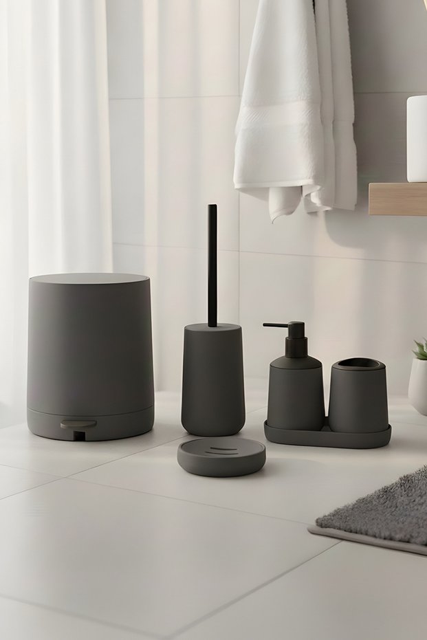 Matte Gray 5 Piece Round Bathroom Set – Bucket, Toilet Brush, Liquid Soap Dispenser