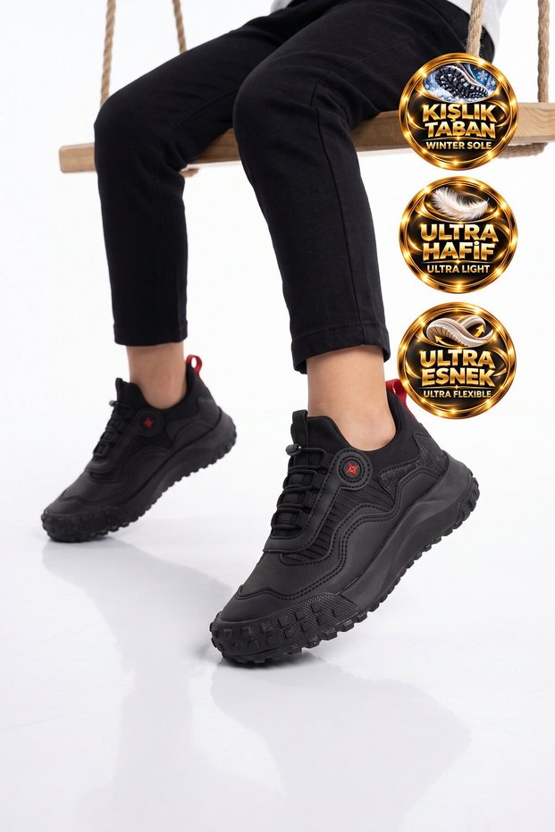 Black and Red Comfort-Soled Rubber Sole Lace-Up Boys' Sneakers Ryno 2029
