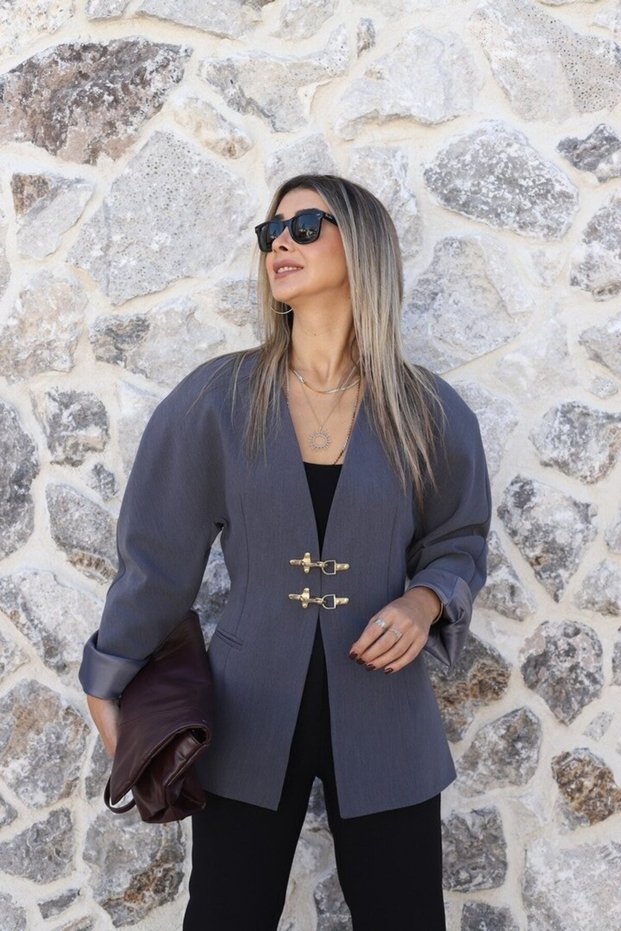 Gray Gold Jacket with Hook-and-Eye Closure and No Collar