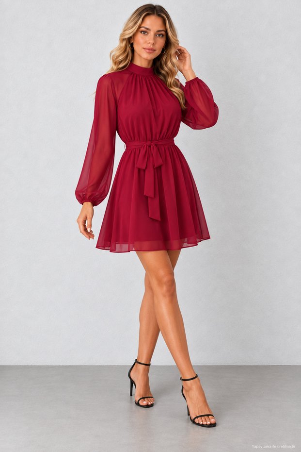 Women's Judge-Style Long-Sleeved Chiffon Dress with Ruched Collar, Belted Waist, Lined, Elegant Design, Timeless Elegance, Fall Style