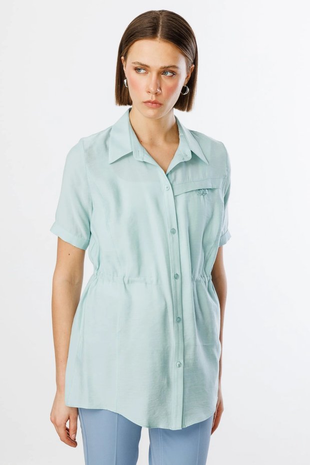Women's Mint Green Ruched Waist Blouse with Button-Front Design 03342