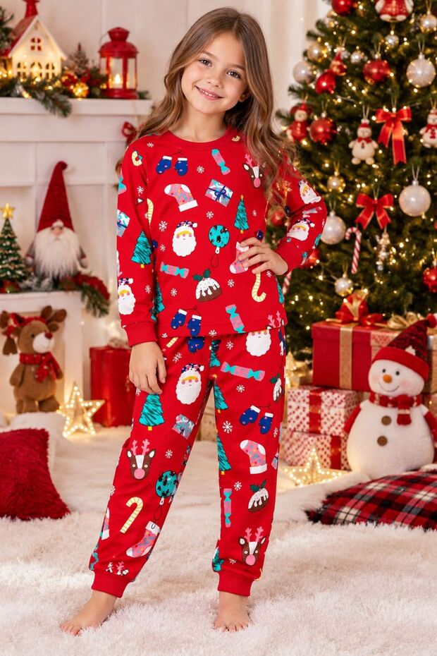 Girls' 100% Cotton Red "Sugar Pine" New Year's-Themed Long-Sleeved Pajama Set
