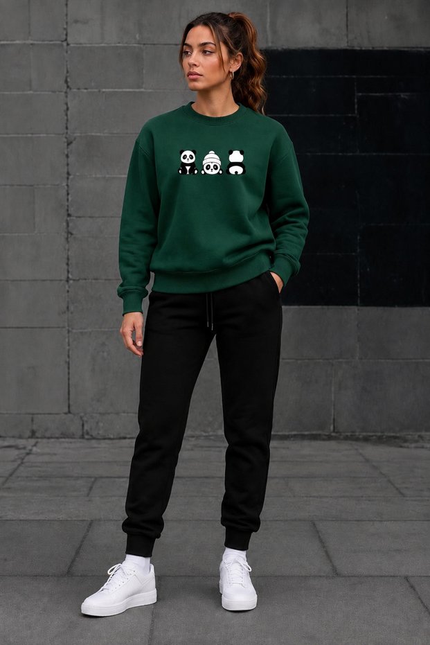 Crew-Neck Brushed Inside Chardonnay Sweatshirt Set—Seasonal 3-Piece Set with Panda Print for Women/Girls