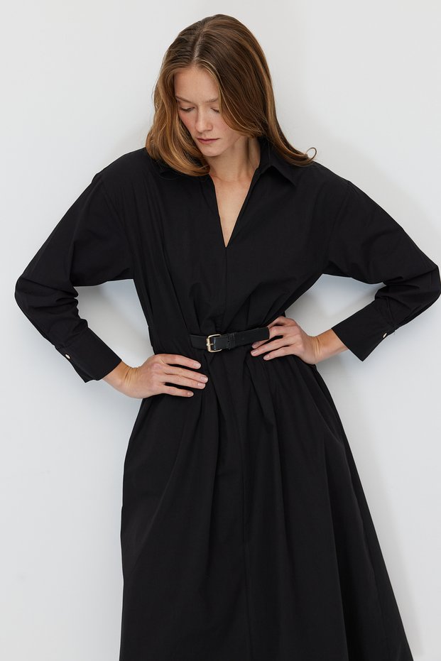 Women's Belted Classic Collar Long Poplin Dress