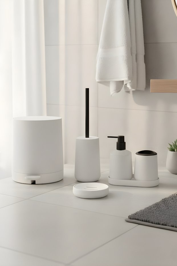Matte White 5 Piece Round Bathroom Set – Bucket, Toilet Brush, Liquid Soap Dispenser