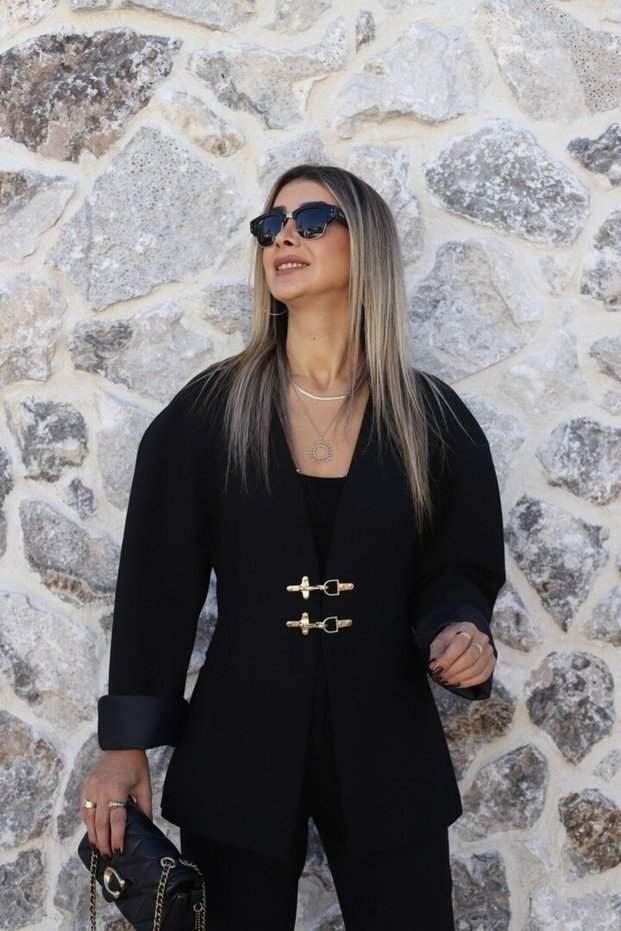 Black Gold Jacket with Hook-and-Eye Closure and No Collar