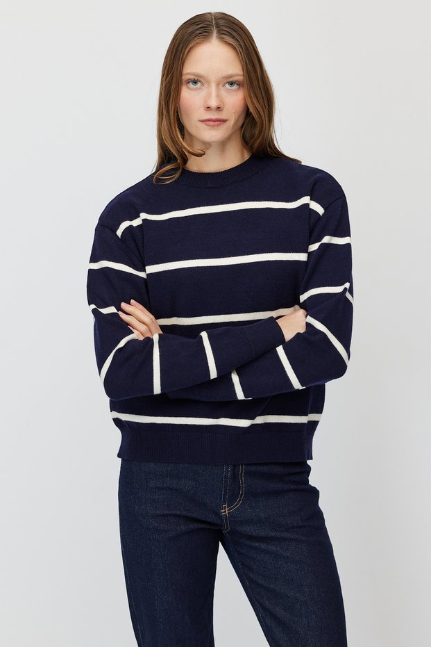 Women's Striped Crew Neck Relaxed Fit Knitwear Sweater