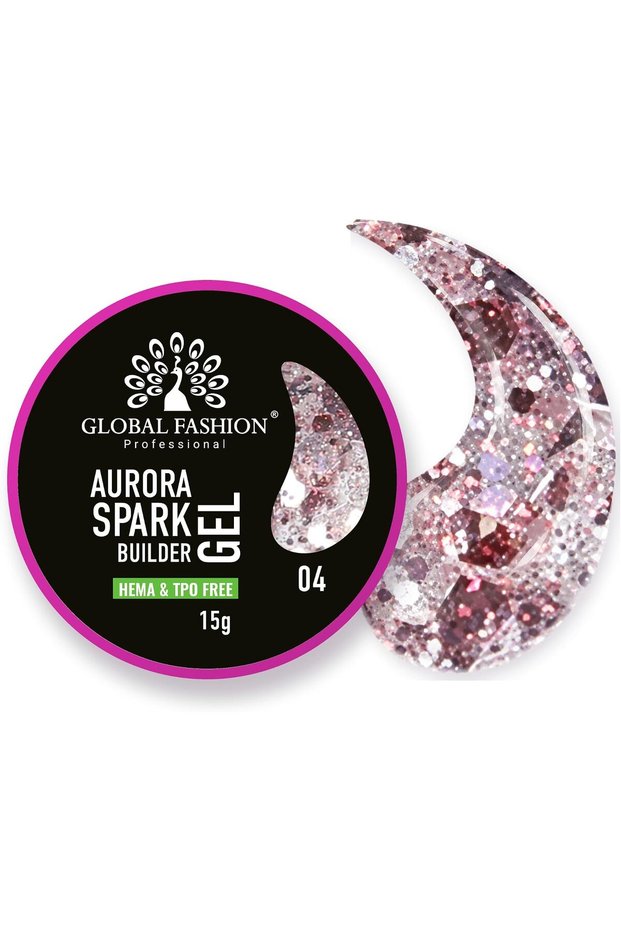 Global Fashion Aurora Sparkle Builder Gel for Nails 15g, Holographic Glitter Nail Extension Gel with Sparkling Flakes, UV LED Gel for Nail Art, Overlays & Strengthening, HEMA & TPO Free, 04