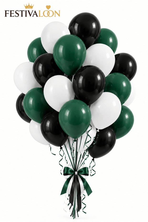 Set of 20 Green, Black, and White Balloons for Birthday Party Decorations—Latex Balloon Decor