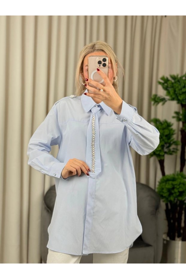 Stone Embellished Shirt with Tie 25S8608 Blue