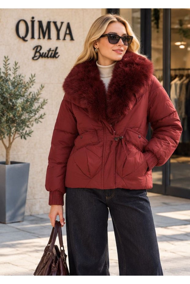 ROBIN Women's Fur-Trimmed Collar and Cuffs, Detachable Raglan Sleeves, Oversized Short Puffer Coat