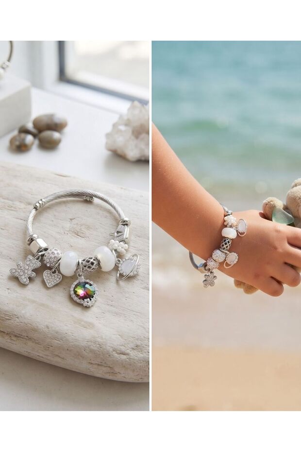 Children's Teddy Bear Planet Star Detailed Steel Bracelet