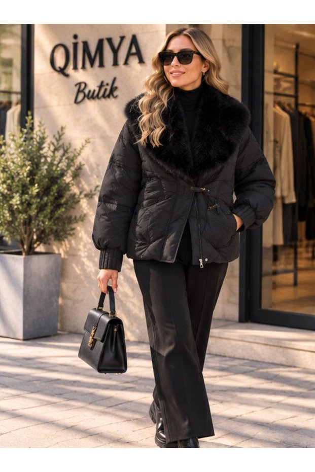 ROBIN Women's Fur-Trimmed Collar and Cuffs, Detachable Raglan Sleeves, Oversized Short Puffer Coat