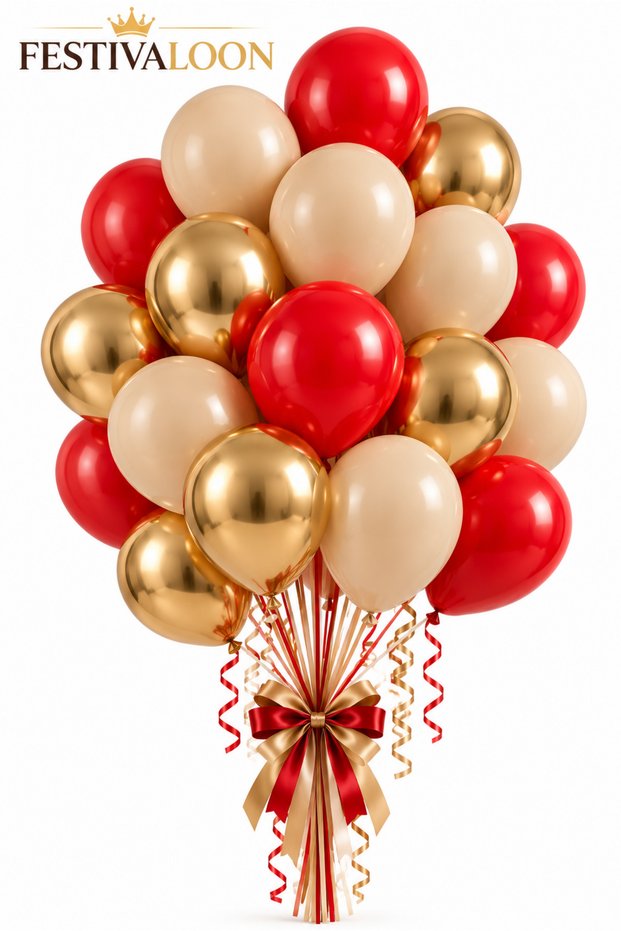 Set of 20 Red, Sea Sand, Beige, Chrome, and Gold Balloons for Birthday Celebrations, Parties, and Event Decorations