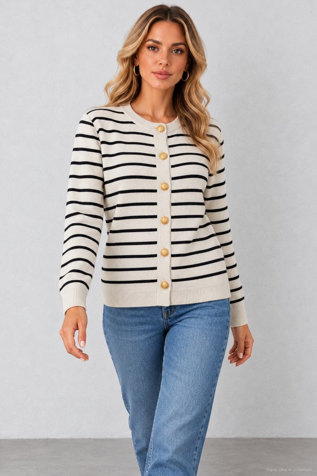 Women's Striped Knit Cardigan, Round Neck, Gold Buttons, Long Sleeves, Soft-Textured Knit Jacket, Timeless Elegance, Fall/Winter