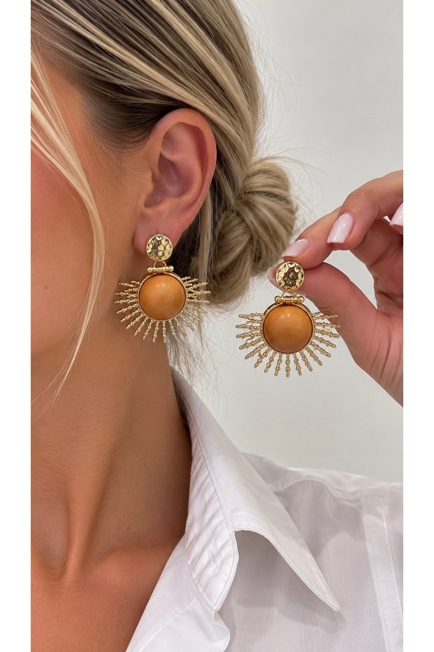 Vintage Sun-Shaped Earrings with Intricate Wooden Details