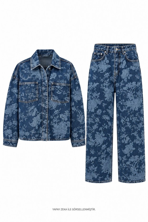 Blue-Printed Denim Set, Blue
