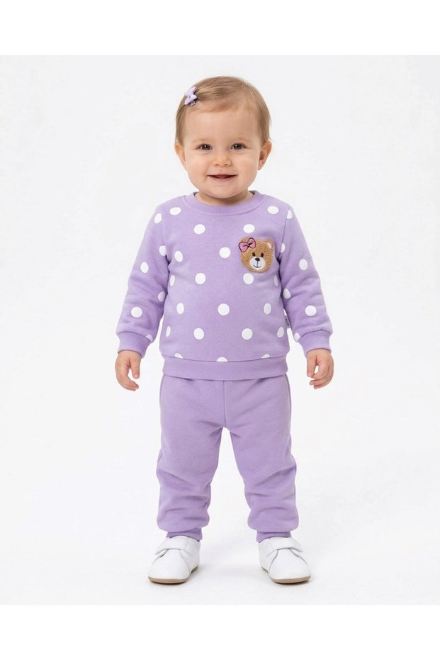 Girls' Baby Süzene Teddy Bear Print Winter 3-Thread Brushed Inside Sherpa 1-2-3 Years 2-Piece Top and Bottom Set