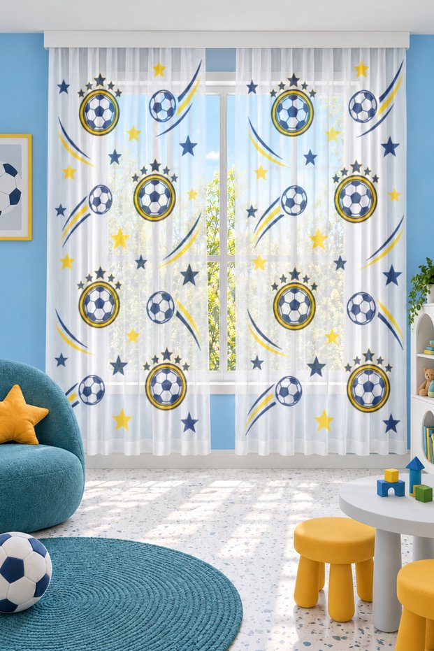 Yellow and Navy Blue Fan-Themed Children's Room with Double-Layered Sheer Curtains