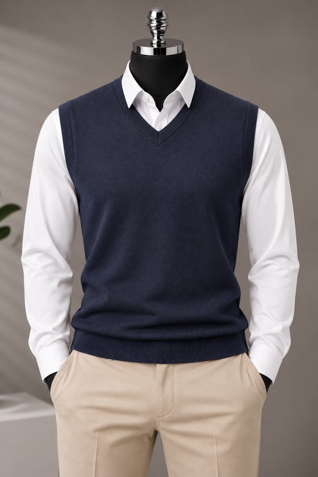Men's Standard Fit, Regular Cut, Soft-Textured, Pilling-Resistant Navy Blue V-Neck Knit Sweater