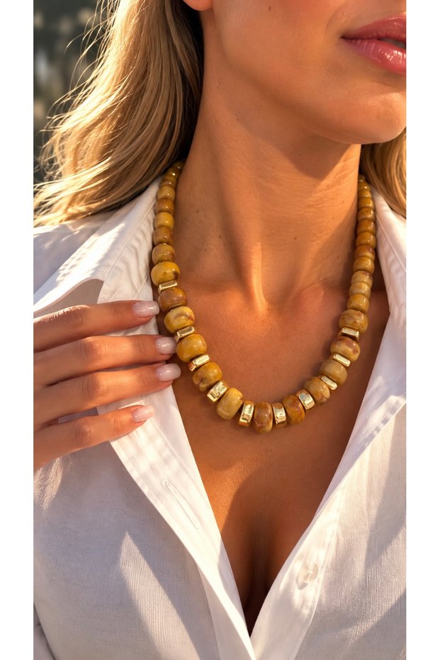 Mustard-Colored Design with Beaded Details: Brown and Turquoise ZR&MNG Necklace, 40+5 cm