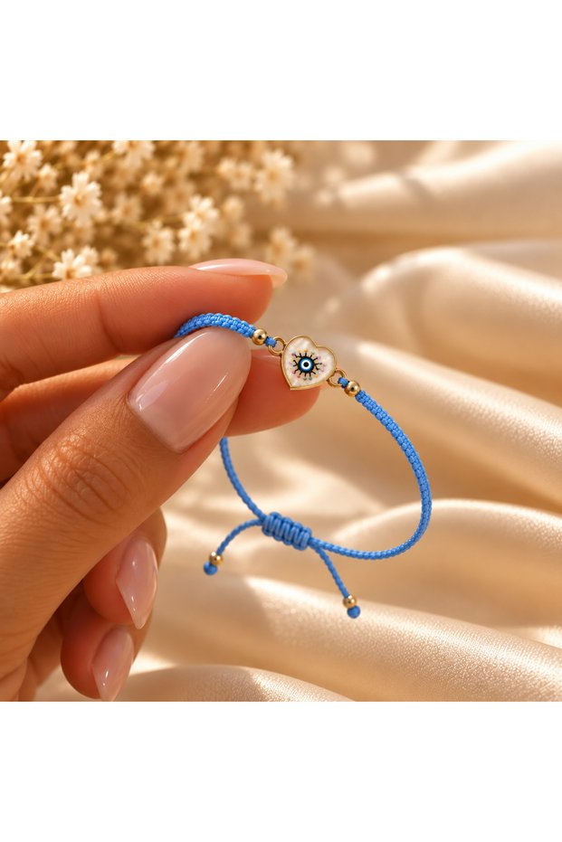 Heart-Shaped, Evil Eye-Shaped, Beaded Blue String Bracelet