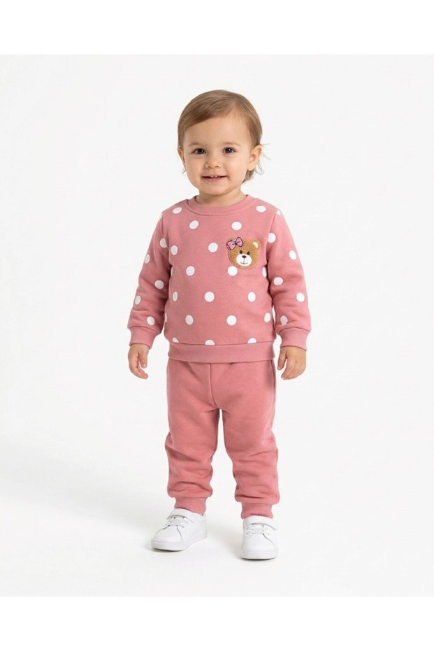 Girls' Baby Süzene Teddy Bear Print Winter 3-Thread Brushed Inside Sherpa 1-2-3 Years 2-Piece Top and Bottom Set