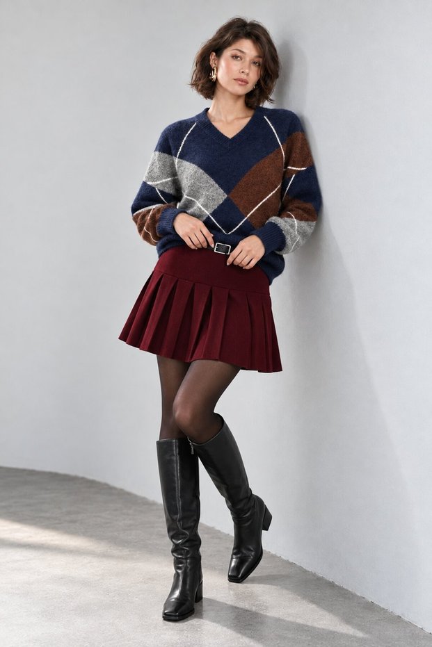 Women's V-Neck Sweater with Diamond Pattern