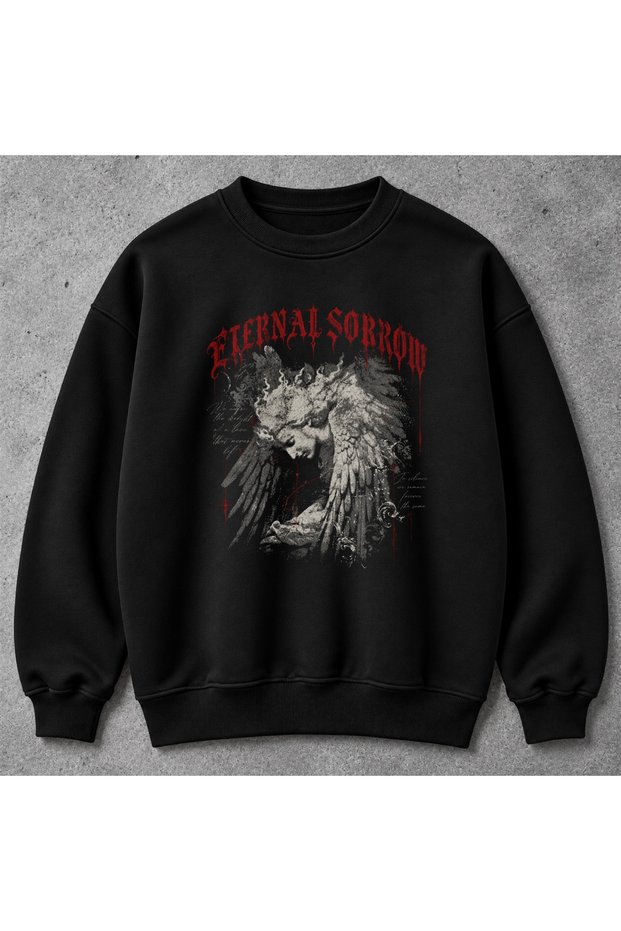 Unisex Oversized Black Sweatshirt with "Eternal Sorrow" Print – Thick Brushed Inside 3-Ply Heathered Fabric, Gothic Angel Red Graphic Print, Crew Neck with Crew Neck