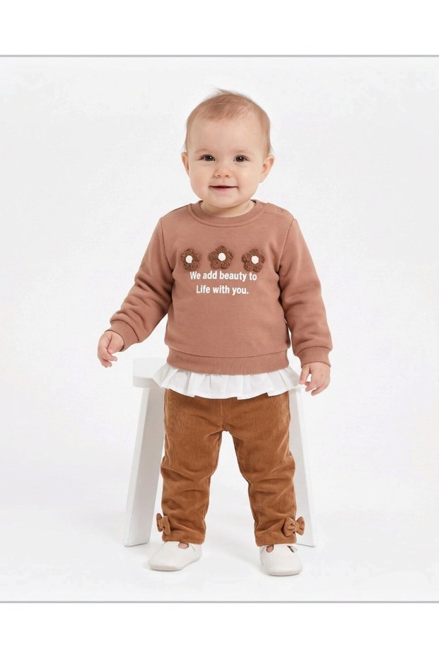 Girls' Winter 3-Ply Sweatshirt with Floral Embroidery and Brushed Inside Velvet Pants Set for 6, 9, 12, 18, and 24 Months