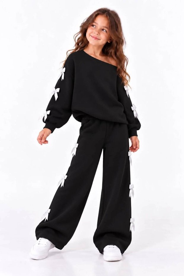 Children's Boat Neck Sweatshirt and Sweatpants Set with Ribbon Collar Detail