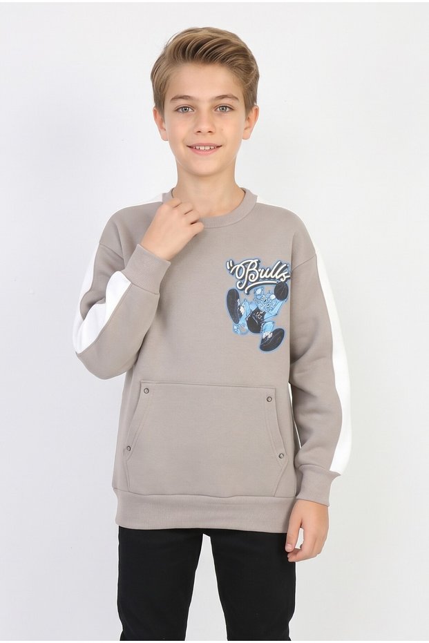 Boys' Three-Ply Heathered Sweatshirt with "Bulls" Print on the Back and Striped Sleeve Detail for Everyday Wear