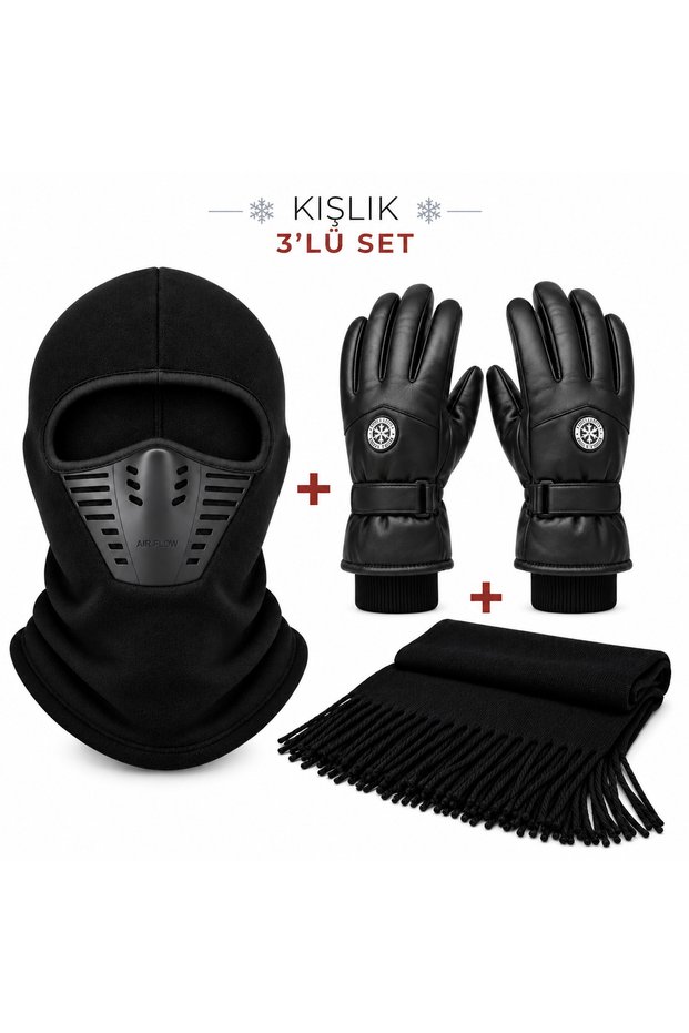 Winter Motorcycle Gloves with Fur-Lined Lining, Fleece Balaclava, Helmet Liner, Air-Channeled Mask, 3-Piece Motorcycle Set, Knitted Scarf, Bicycle