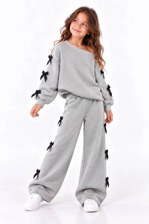 Children's Boat Neck Sweatshirt and Sweatpants Set with Ribbon Collar Detail