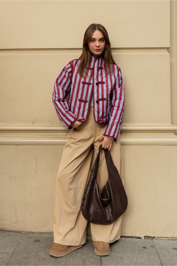 Burgundy-Blue Striped Quilted Jacket with Japanese Button Details - 3461