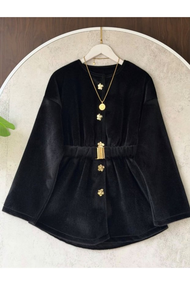 Women's Black Plush Jacket with Gold Buttons and a Ruched Waist Detail