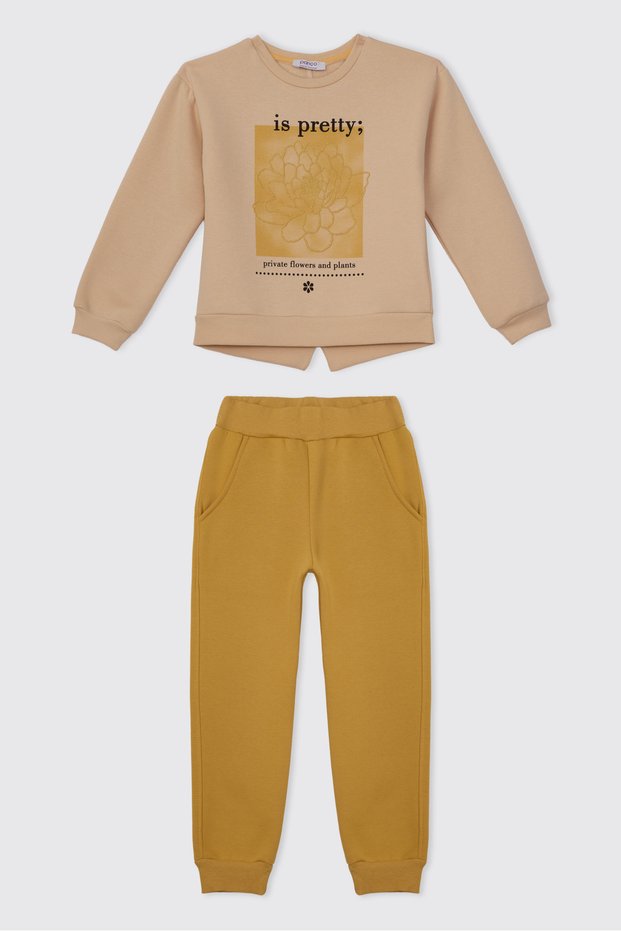 Girls' Brushed Inside Mustard-Colored Top and Bottom Set (2-Piece Top and Bottom Set)