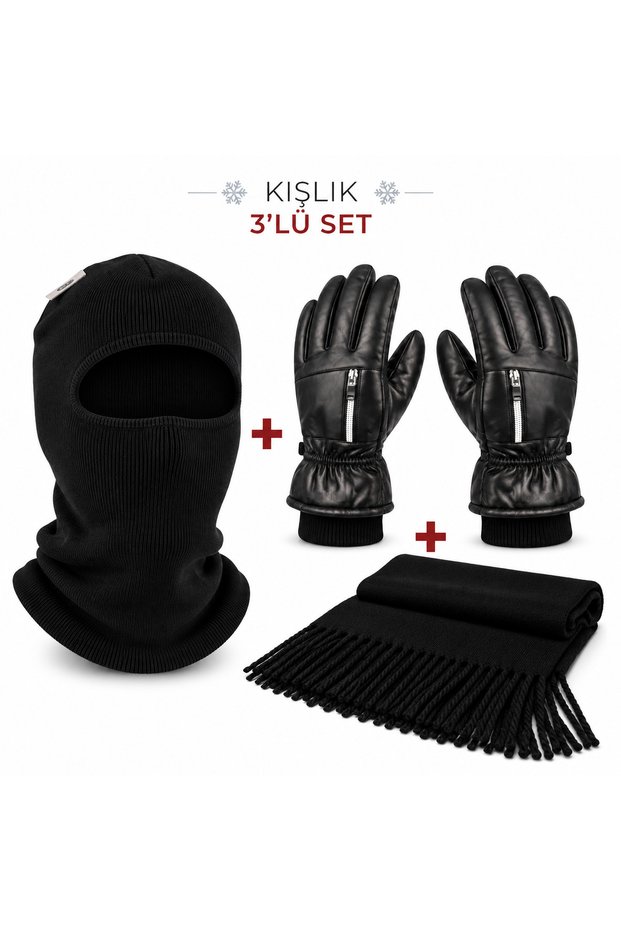 Winter Motorcycle Gloves, Balaclava, Double-Layer Acrylic Snow Mask, 3-Piece Motorcycle Set, Knit Scarf, Bicycle