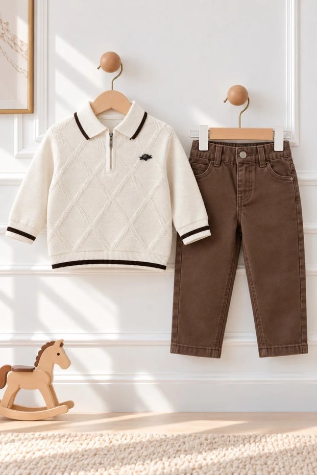 Boys' Diamond Patterned Zippered Knit Sweater and Pants 2-Piece Set