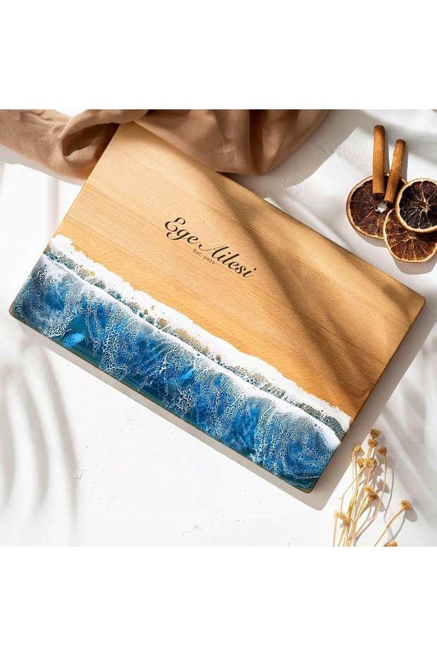 Blue Wave Open Wood-Patterned Glass Cutting Board, Tempered, with Non-Slip Feet, Serving Board, Kitchen Gift