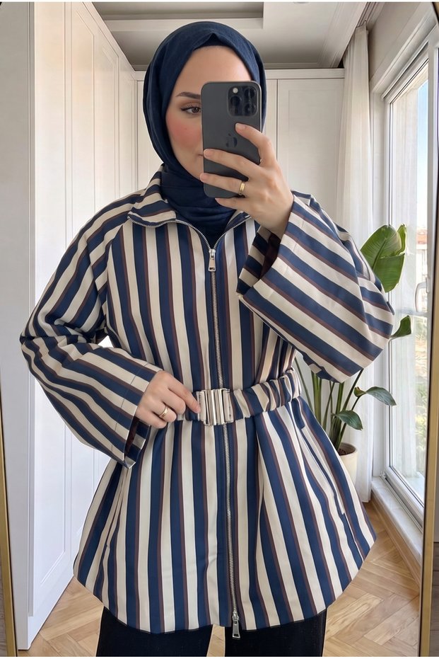 Women's Navy Blue Tunic Jacket with Vertical Stripes and a Metal Buckled Belt