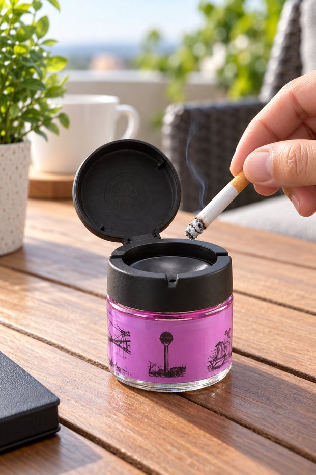 1 Odorless Ashtray with Lid – Patterned Model with Glass Body, Ashtray for Home, Balcony, Garden, and Office