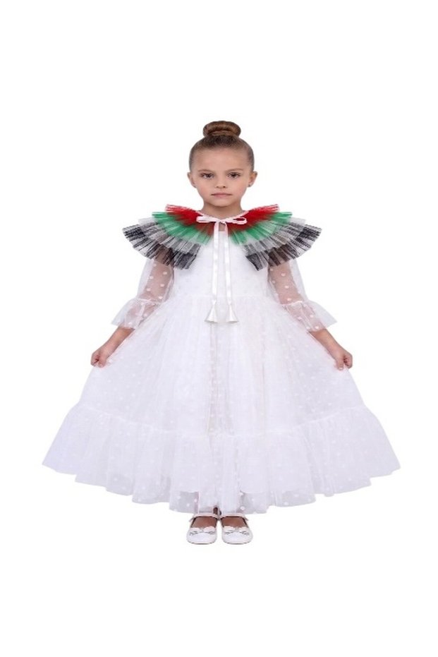2-in-1 Girls UAE National Day Dotted Tulle Maxi Dress with Detachable Flag Ruffle Shoulder Wrap – Wh