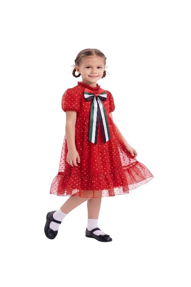 Girls 2-in-1 Red Polka Dot Tulle Party Dress with Detachable UAE Flag Ribbon Brooch