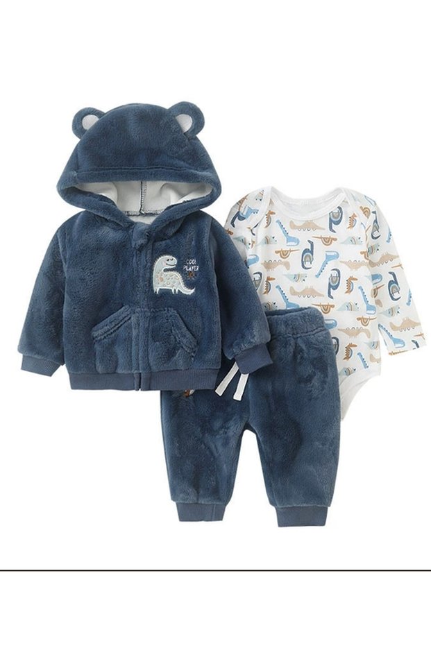 Baby Dino Winter Hooded Outfit Set with Jacket, Bodysuit & Pants – 3-Piece Plush Toddler Clothing Se