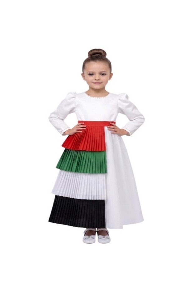 Girls 2-in-1 UAE National Day White Dress with Detachable Pleated Flag Skirt Panel