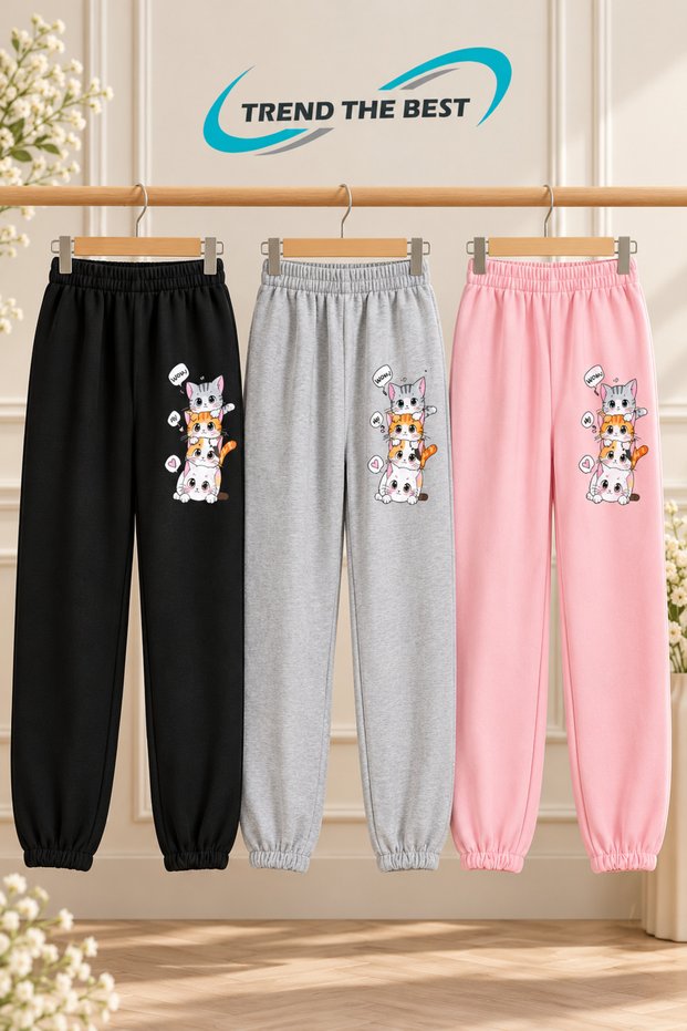 Winter, Spring, and Autumn Elastic-Leg Sweatpants Set in Black, Pink, and Gray (3-Piece)