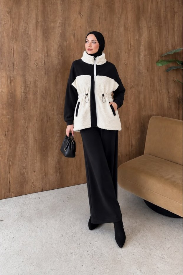 Women's SOFT ARMOR Plush-Panel Zip Detail Turtleneck Jacket and Wide-Leg Pants Two-Piece Set